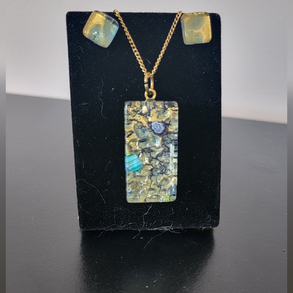 Vintage Artistic Gold and Blue Mosaic Necklace And Matching Earrings.